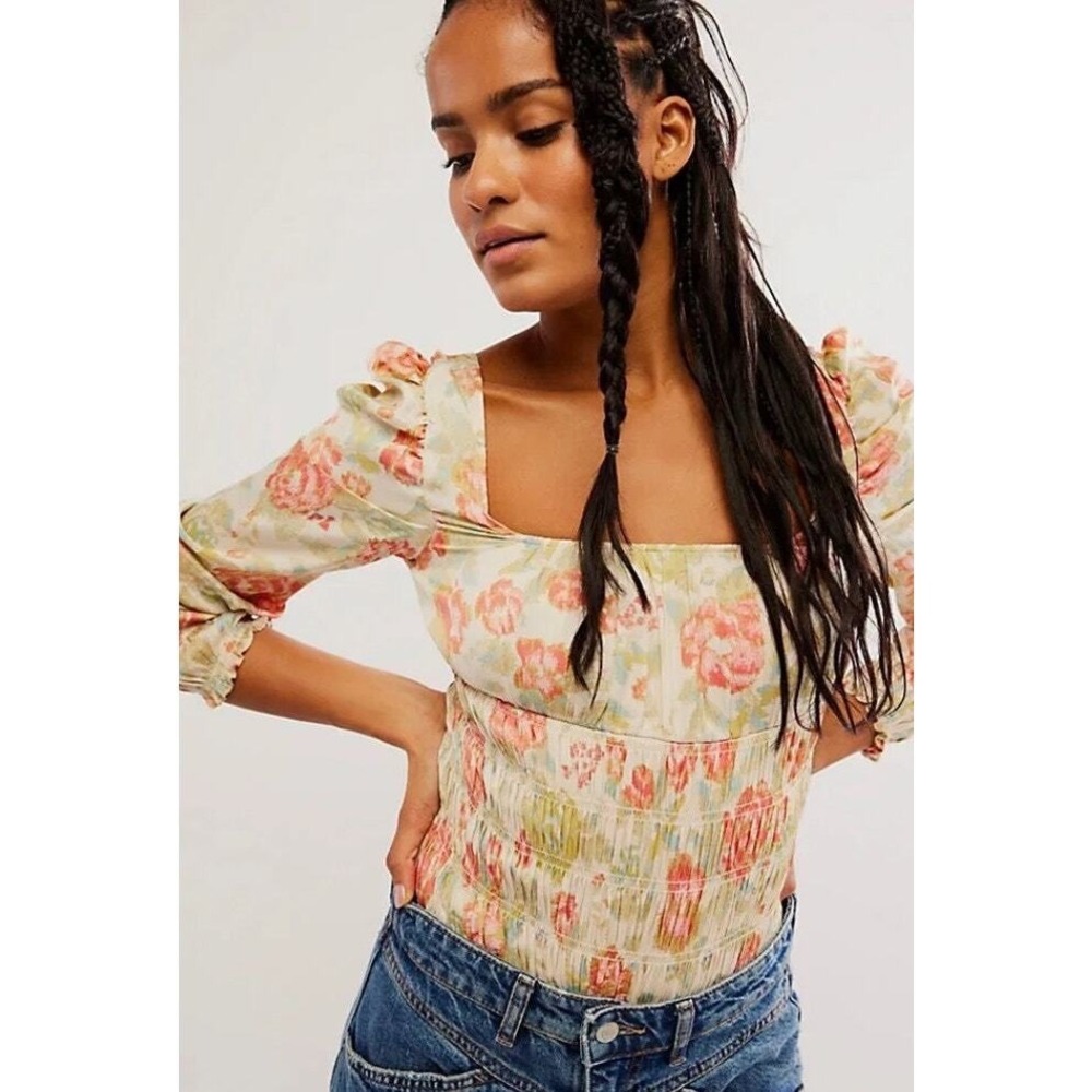Intimately Free People‎ Boho Floral Smocked Bodysuit Milkmaid Size S Whimsical